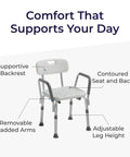 Shower Chair With Back And Padded Arms showing annotated features like adjustable leg height and contoured seat, highlighting comfort.