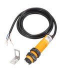 Heavy Duty Diffuse Reflection Photoelectric Sensor One Meter Detection Range M18 DC Six to Thirty Six Volts NPN Normally Closed Output 300mA With Mounting Bracket for Industrial Automation and Plug And Play, shown with yellow housing, cable, and bracket.
