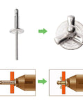 Diagram showing 50 Pack Aluminum Pop Rivets 3/16 Inch Grip, 1 Inch Length, Large Head, Tri Fold Expanding Rivets, 5/8 Inch Flange.