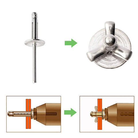 Diagram showing 50 Pack Aluminum Pop Rivets 3/16 Inch Grip, 1 Inch Length, Large Head, Tri Fold Expanding Rivets, 5/8 Inch Flange.