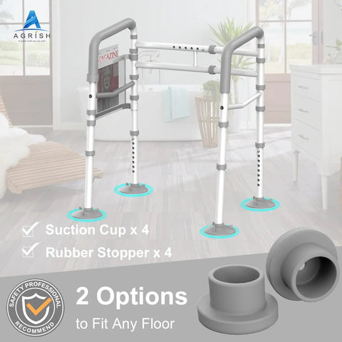 Toilet Safety Rails For Elderly And Handicap - Adjustable Width And Height Stand Alone Frame with suction cups and rubber stoppers.