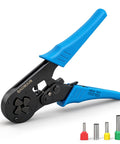 Self-Adjusting Crimping Tool For Square Four-Sided Crimps With Auto Jaw Alignment, Pro-Grade For 10-5 AWG Ferrules, Blue Handle