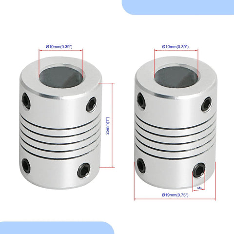 Aopin 10mm-to-10mm flexible beam couplings, two pieces, aluminum, 25mm long with M4 set screws and 10mm bore.