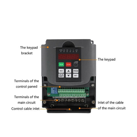 2.2kW CNC Spindle Variable Frequency Drive VFD For 110V 220V 380V 3 Phase Output Workhorse VFD With Beefy Power And Broad Compatibility For Low Voltage Motors In Industrial CNC Setups. front keypad and terminal layout