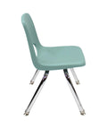 Side view of seafoam 12 Inch School Stack Chair with chromed steel legs and non-marring swivel glides for classroom or homeschool use.