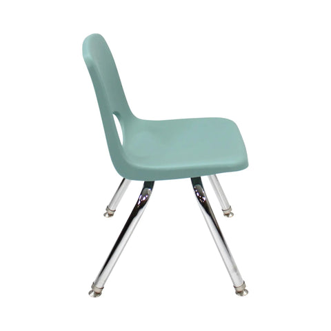 Side view of seafoam 12 Inch School Stack Chair with chromed steel legs and non-marring swivel glides for classroom or homeschool use.