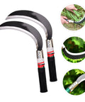 Two Piece Manganese Steel Weeding Sickle Ergonomic Short Handle Garden Tool Set with black ergonomic grips and curved blades