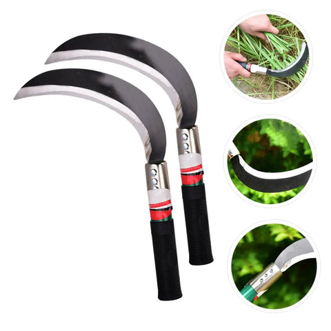 Two Piece Manganese Steel Weeding Sickle Ergonomic Short Handle Garden Tool Set with black ergonomic grips and curved blades
