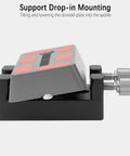 Image of a Telescope Dovetail Saddle Clamp Mount Base with two thumbscrews, showing drop-in loading and support for Vixen style plates.
