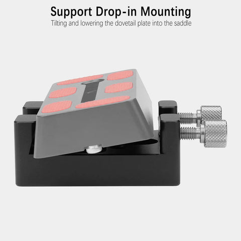 Image of a Telescope Dovetail Saddle Clamp Mount Base with two thumbscrews, showing drop-in loading and support for Vixen style plates.