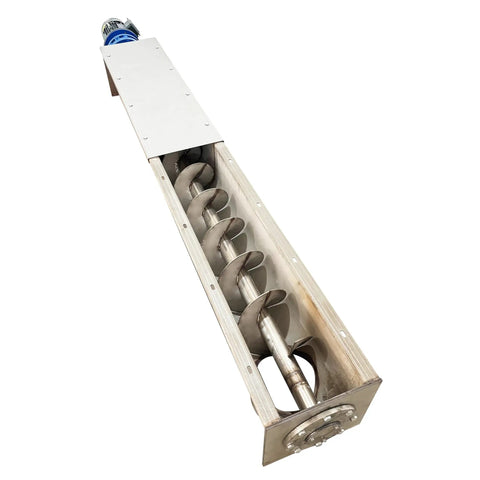 Rock Solid 304 Stainless Steel U Trough Auger Screw Conveyor Featuring A 9 Inch Helical Blade Driven By A Heavy Duty 220V 3 Phase 3KW Motor.