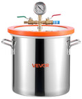 Front view of VEVOR 3-gallon stainless steel vacuum chamber with orange lid, pressure gauge, and brass valve assembly