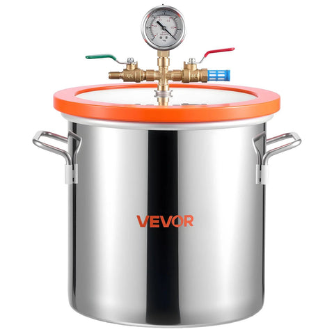 Front view of VEVOR 3-gallon stainless steel vacuum chamber with orange lid, pressure gauge, and brass valve assembly