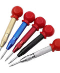 Five Piece Automatic Center Punch Kit Spring Loaded Adjustable Impact Built Tough Brass Drill Starter Pin With Cushioned Grip, assorted colors.