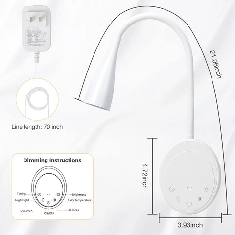 Total Game Changer Led Wall Mount Reading Lamp With Touch Panel And Five Dimmer Settings For Peak Cozy Vibes Includes Usb Charge Port Smart Night Timer And Flexible Gooseneck Design In Clean White showing dimensions and details.