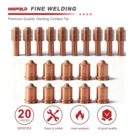 20 Pack Plasma Electrode And Nozzle Kit 52574 51206.11 70A For X45 Vipercut 30 Plasma Cutter Replacement arranged in rows