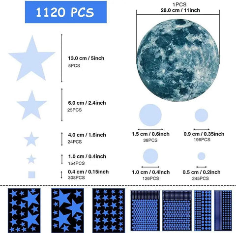 Glow In The Dark Star And Moon Stickers Kit With 1120 Pieces For Ceiling Decor, sizes and shapes diagram