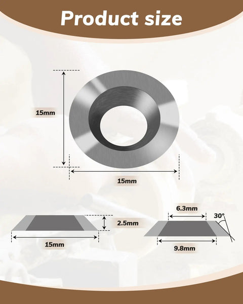 10 Pack 15mm Round Tungsten Carbide Lathe Tool Inserts Indexable Replacement Turning Heads For Precision Metalworking CNC Machining Detailed size chart with dimensions.