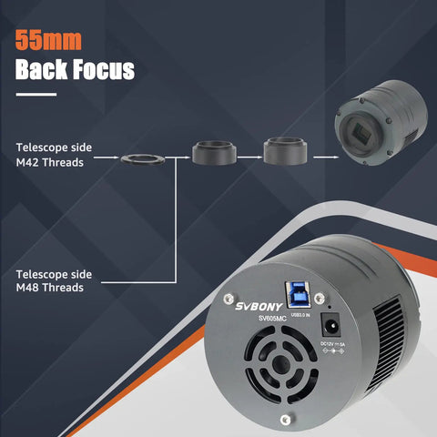 605MC Telescope Camera With IMX533 Sensor, Cooled Monochrome CMOS shown with back focus and thread details