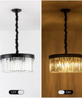 Black Crystal Chandelier Pendant Lighting, 2 Tier Modern Round Ceiling Fixture with adjustable chain, light off and on