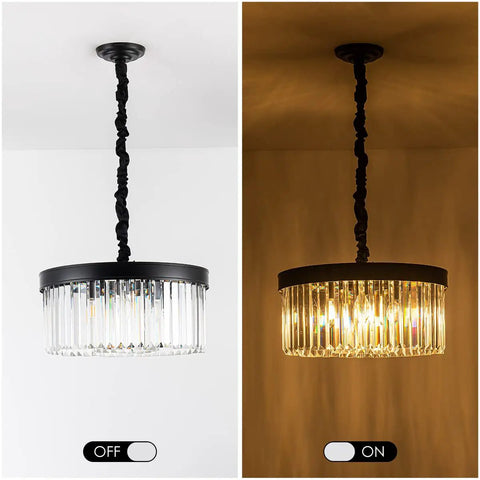 Black Crystal Chandelier Pendant Lighting, 2 Tier Modern Round Ceiling Fixture with adjustable chain, light off and on