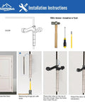 Installation instructions for Adjustable Hinge Pin Door Stopper, tools needed include hammer and screwdriver.