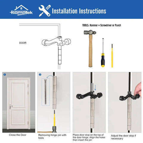 Installation instructions for Adjustable Hinge Pin Door Stopper, tools needed include hammer and screwdriver.