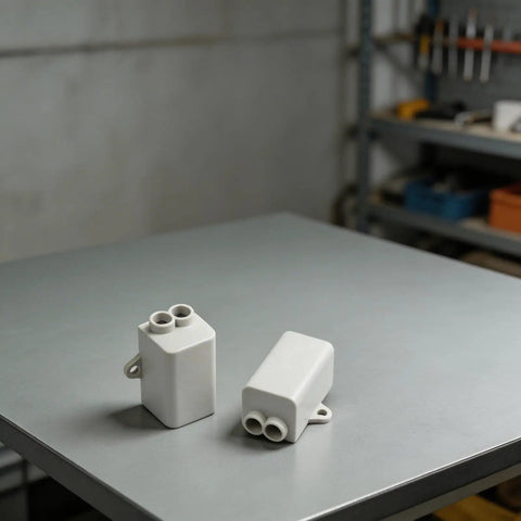 Heavy Duty T Shape Terminal Block Quick Wire Connector 1000V 100A Cable Splitter on a table, showcasing two plastic connectors.
