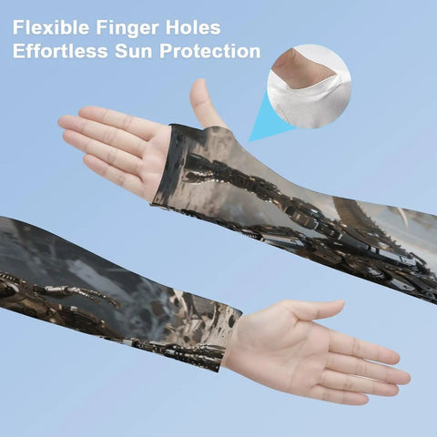 Stay Fly In The Heat Cooling Arm Sleeves For Sun Ray Blocking And Summer Workouts showing flexible finger holes and sun protection.