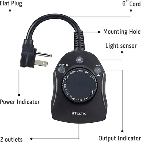 Heavy Duty Outdoor Christmas Light Timer Featuring Dusk to Dawn Sensor Technology showing 6-inch cord and rotary dial with two outlets.