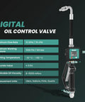 Digital Oil Control Valve Flow Meter Dispenser Nozzle with specs, 22.6 in length, 1/2 in NPT inlet, 1500 PSI max, 10 GPM flow
