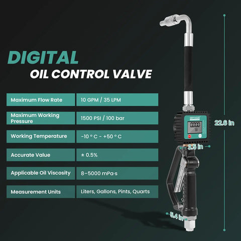 Digital Oil Control Valve Flow Meter Dispenser Nozzle with specs, 22.6 in length, 1/2 in NPT inlet, 1500 PSI max, 10 GPM flow
