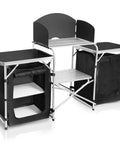 Folding Camping Kitchen Table With Windshield And Storage Cabinet, Portable Outdoor Cooking Station With Side Tables