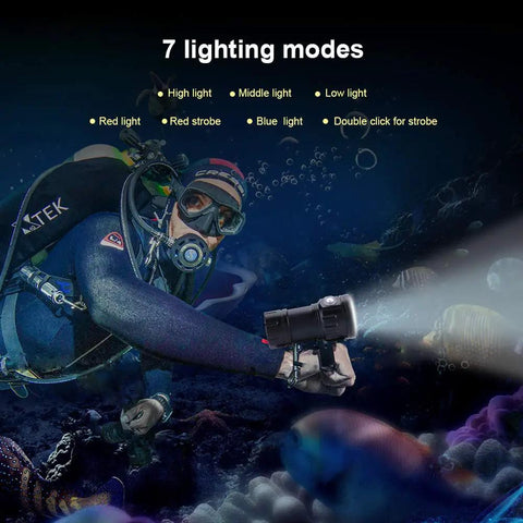 Scuba diver using 18000 Lumen Diving Beast Flashlight IPX8 Underwater Light 500M Submersible LED Flashlight for night exploration.