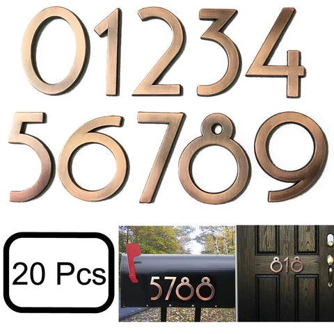 20-Pack 2.76 Inch High 3D Address Numbers 0-9 Bronze Plated Self-Adhesive Door Numbers, seen on mailbox and door.
