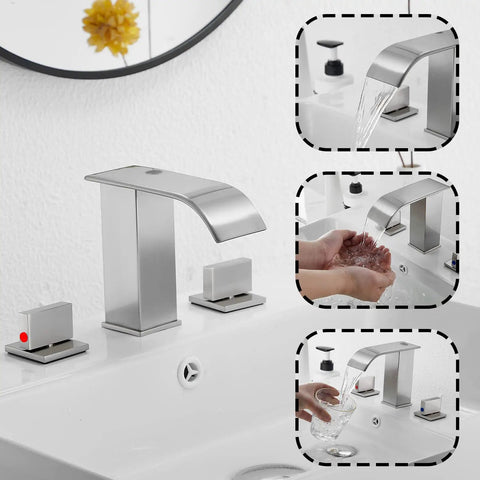 Brushed Nickel Widespread Bathroom Faucet With 3 Holes And 2 Handles Dope Modern Waterfall Sink Faucet demonstrated with water flow