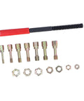 Ultimate 15-Piece Metric Thread Repair Kit With 7 Taps, 7 Dies And File For Fixing Stripped Nuts Bolts Screws Using Carbon Steel Hex Design Tools For Auto Or General Garage Work Right Now, M6-M12 kit laid out with red file handle