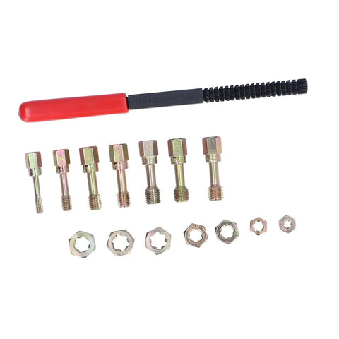 Ultimate 15-Piece Metric Thread Repair Kit With 7 Taps, 7 Dies And File For Fixing Stripped Nuts Bolts Screws Using Carbon Steel Hex Design Tools For Auto Or General Garage Work Right Now, M6-M12 kit laid out with red file handle