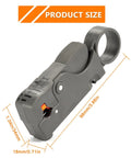 Coaxial Cable Stripper Cutter Tool Pack Of 2 Pro Grade shown with dimensions for RG6 RG62 RG58 RG59 cables, ABS handle, depth adjustable blade.