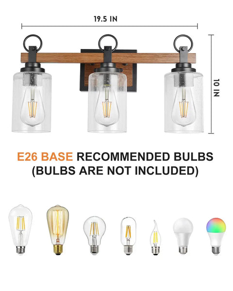 Farmhouse 3 Light Vanity Fixture With Seeded Glass Shades Black Rustic Wall Sconce For Bathroom And Bedroom Over Mirror Mount Vintage Style Bath Lighting Vibe with bulb options shown