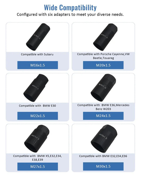 Beefy Drive Shaft Puller Extractor Tool Set adapter compatibility guide for BMW, Porsche, Subaru, VW, shown with M16 to M30 adapters.