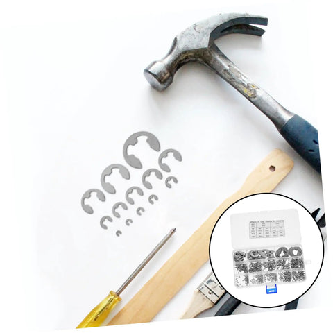 Stainless Steel External Circlip Assortment Kit E Type Retaining Rings for Shafts Gears and Bearings, tools shown