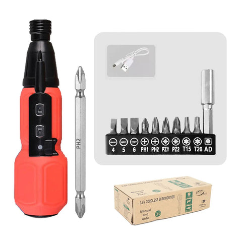 Slick Cordless Electric Screwdriver With Built In Led Light, 3.6V set with USB charging cable and assorted bits.