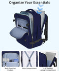 Go To Underseat Personal Item Travel Backpack With 10 Pockets And 180 Degree Opening 15.6 Inch Laptop Carry On Bag in navy blue, showing internal compartments and slots for organizing essentials.