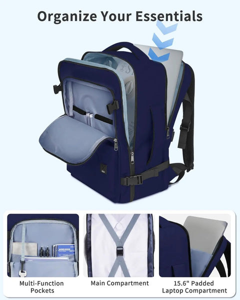 Go To Underseat Personal Item Travel Backpack With 10 Pockets And 180 Degree Opening 15.6 Inch Laptop Carry On Bag in navy blue, showing internal compartments and slots for organizing essentials.