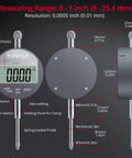 Digital Dial Indicator 1 Inch 0.0005 Inch Resolution LCD Display With Rear Cover Inch Metric Conversion Gauge features