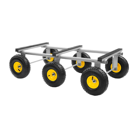 Six Wheel All Terrain Dolly With Six 10 Inch Pneumatic Tires For Outdoor Furniture Moving Heavy Duty Home Use Rolls Smoothly Across Grass Gravel And Uneven Surfaces 40 By 22 Inches Gray, angled view