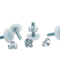 Heavy Duty Nylon Table And Furniture Levelers With One Quarter Inch Threaded Shank And T Nuts Four Hundred Lb Capacity Easy Adjust From Zero To Nine Sixteenths Inch Floor Friendly White Four Pack, showing white nylon levelers and T nuts on a white background