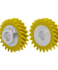 Two yellow precision machined replacement gears for Whirlpool KitchenAid stand mixers, compatible with 4162897 4169830 AP4295669.