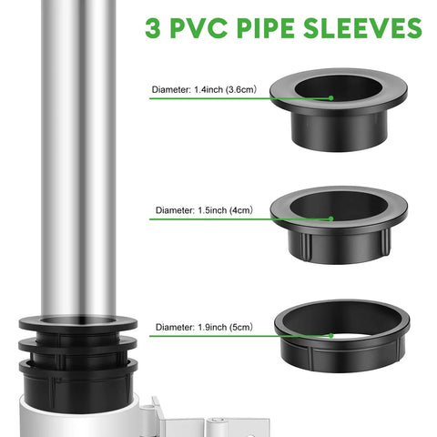 Diagram showing three PVC pipe sleeves of different diameters for adjustable deck umbrella mount clamp.